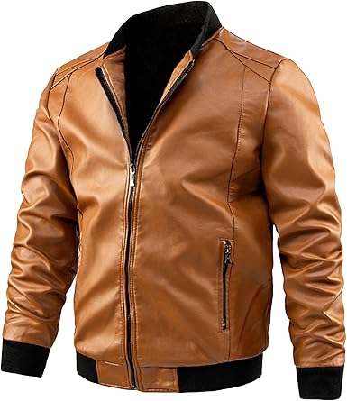 Gsywaipei Men's Stand Up Collar Casual Leather Jacket